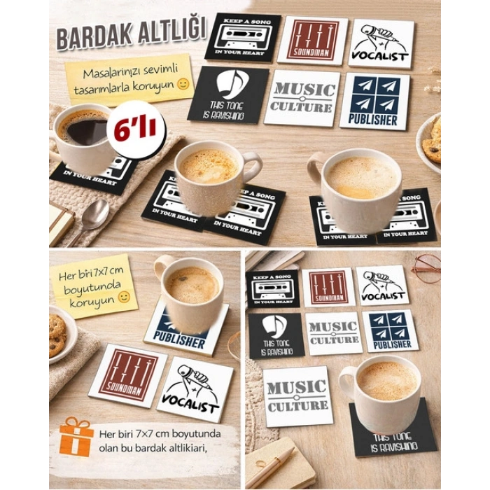Müzik Temalı 7 7x7 – 6’lı Set Dekoratif Kare Tasarım