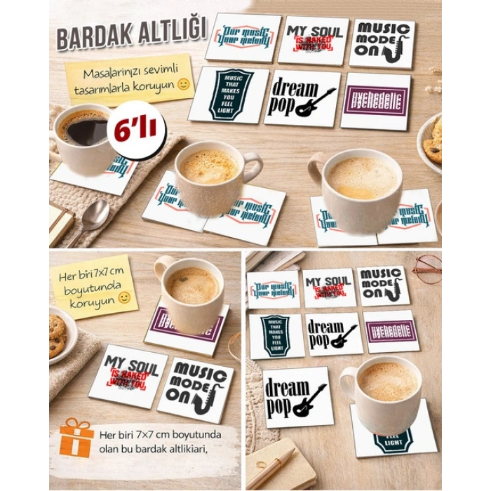 Müzik Temalı 9 7x7 – 6’lı Set Dekoratif Kare Tasarım