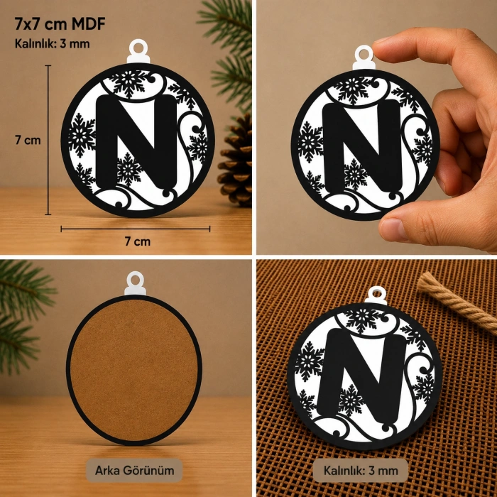 N Harf Yılbaşı Süsü – MDF Çam Ağacı Desenli Asılabilir Dekor (7x7 cm)
