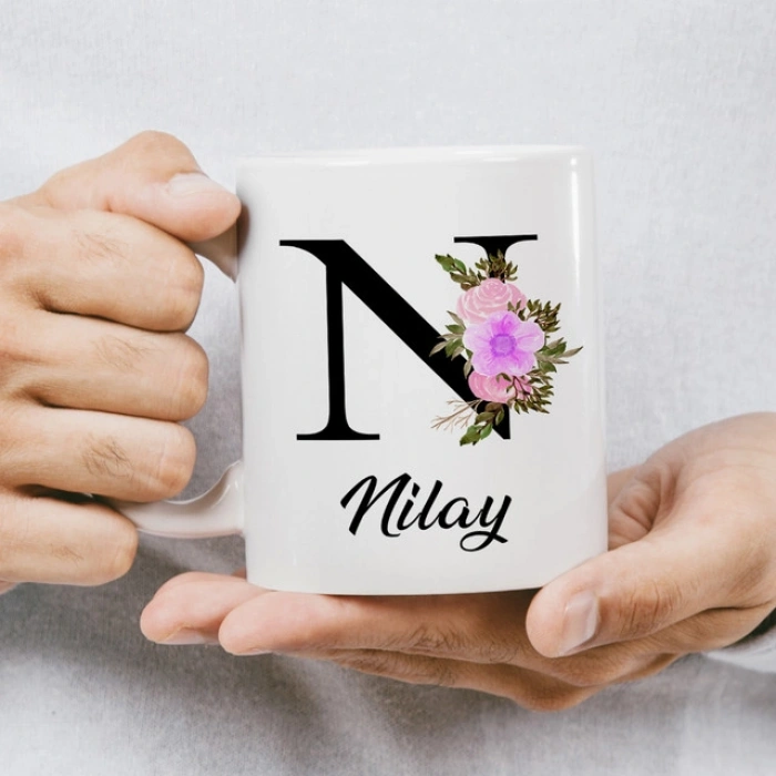 N Harfi Çiçekli İsme Özel Kupa