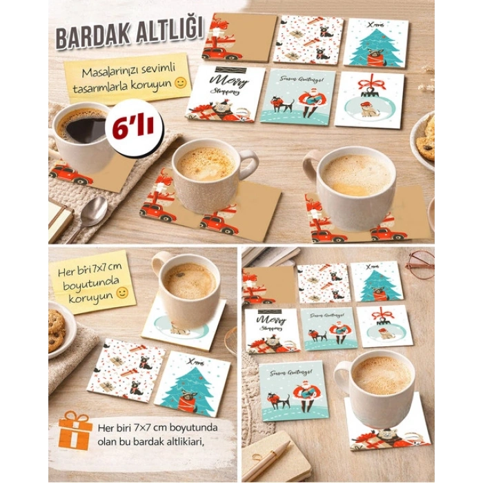 Noel Temalı 3 7x7 – 6’lı Set Dekoratif Kare Tasarım