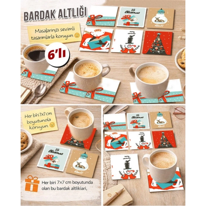 Noel Temalı 7x7 – 6’lı Set Dekoratif Kare Tasarım