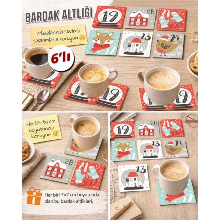 Noel Temalı 8 7x7 – 6’lı Set Dekoratif Kare Tasarım