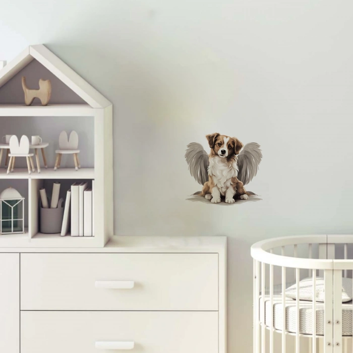 Oturan Kanatlı Kahverengi-Beyaz Köpek Yavrusu Duvar Stickerı