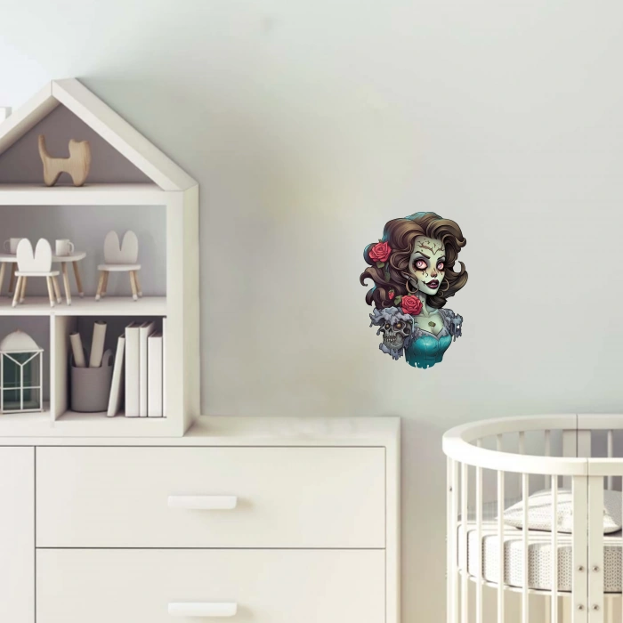 oyu Saçlı Gül ve Kafataslı Zombi Kız Duvar Stickerı