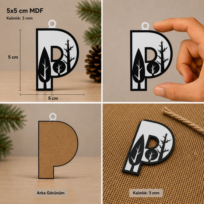 P Harf Yılbaşı Süsü – MDF Çam Ağacı Desenli Asılabilir Dekor (5x5 cm)