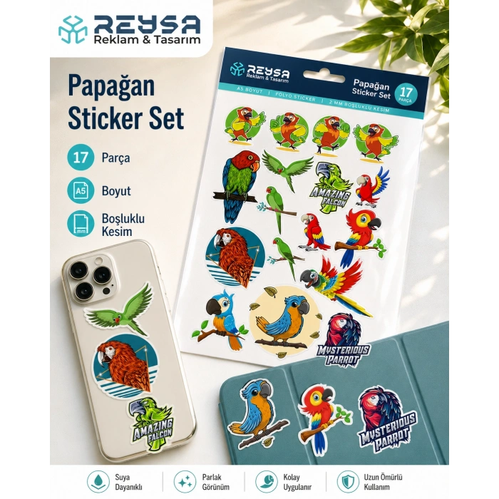 Papağan Sticker Set-2 17 Parça Telefon, Tablet, Defter, Laptop Sticker