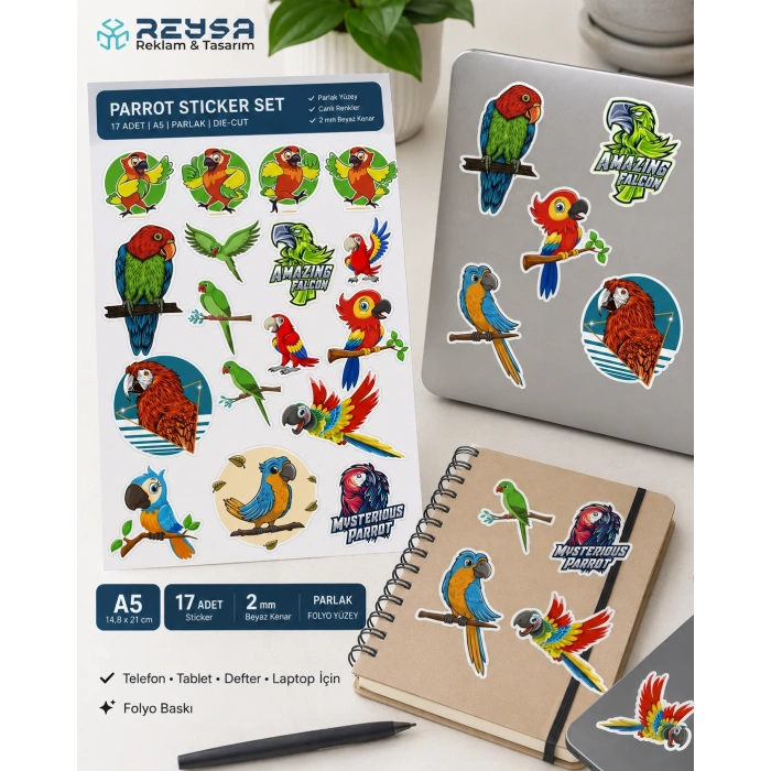 Papağan Sticker Set-2 17 Parça Telefon, Tablet, Defter, Laptop Sticker