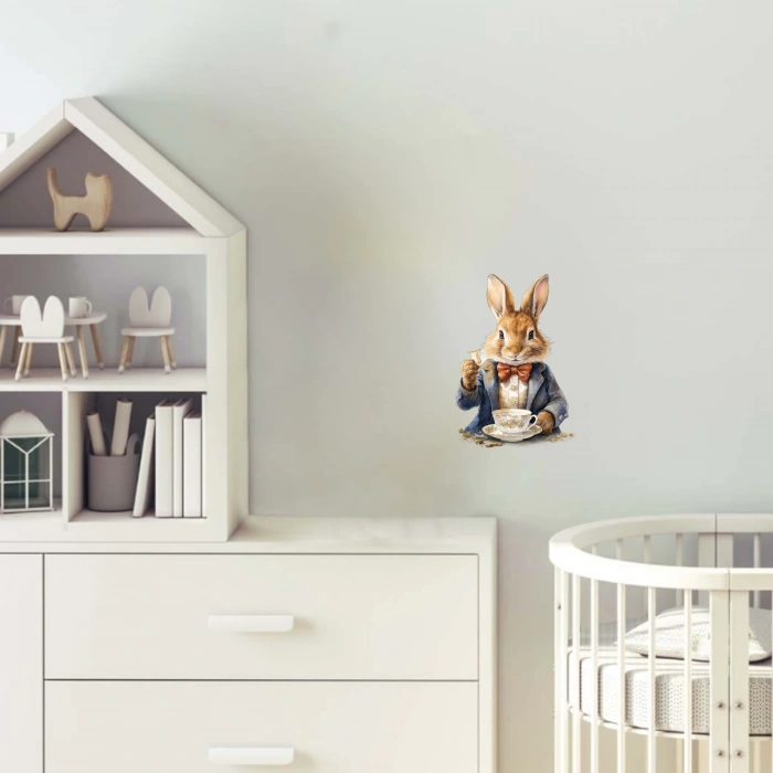 Papyonlu Tavşan ve Çay Fincanı Duvar Stickerı - Kırmızı Papyonlu