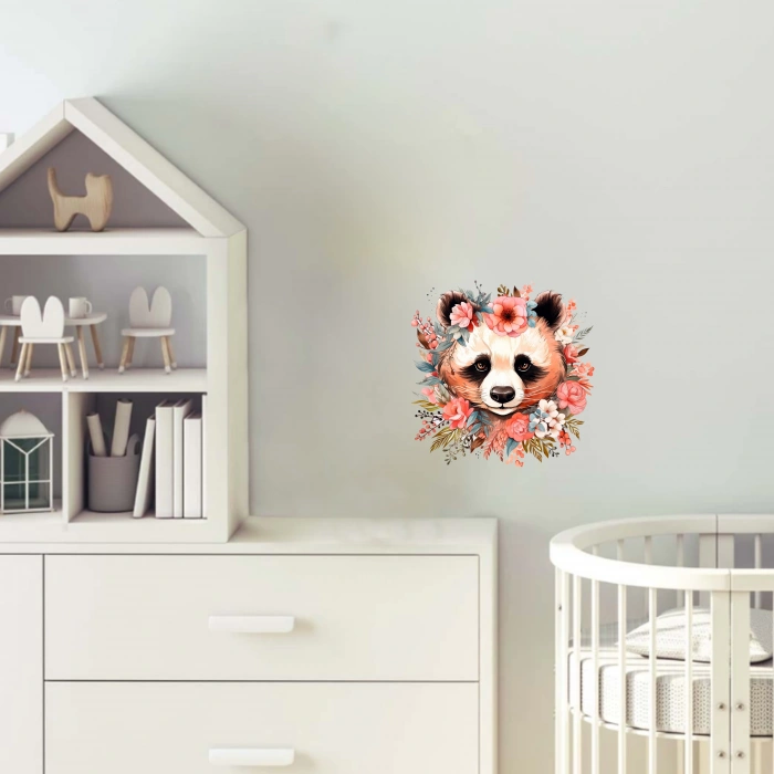 Pastel Tonlarında Çiçek Taçlı Panda Duvar Stickerı