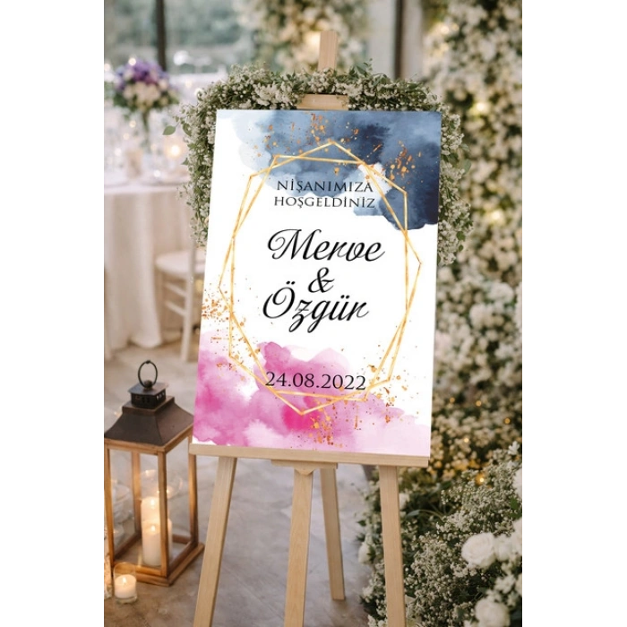 Pembe ve Siyah Gold Çerçeveli Düğün, Nişan ve Söz Karşılama Panosu – 50x70 cm