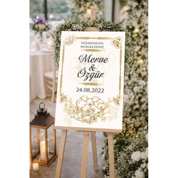 Krem Gold Desenli Düğün, Nişan ve Söz Karşılama Panosu – 50x70 cm