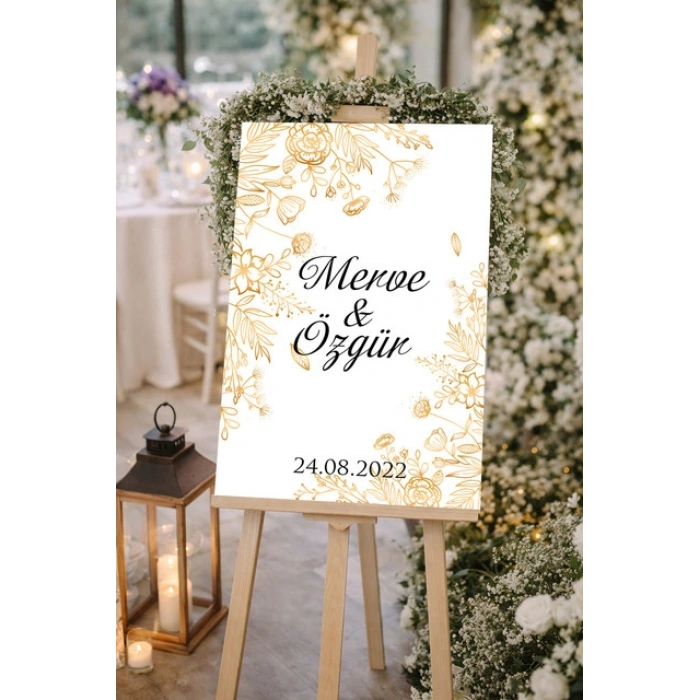 Gold Çiçekli gold Detaylı Düğün, Nişan ve Söz Karşılama Panosu – 50x70 cm