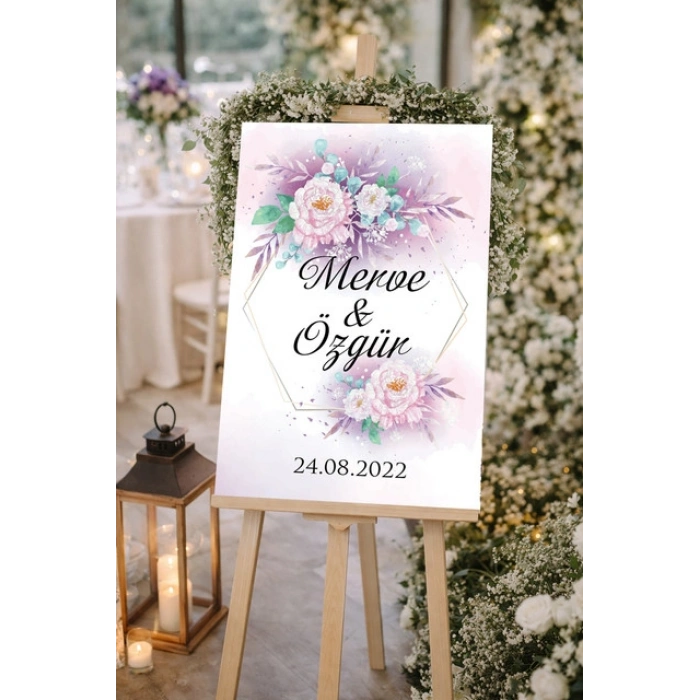 Pembe Çiçekli Düğün, Nişan ve Söz Karşılama Panosu – 50x70 cm