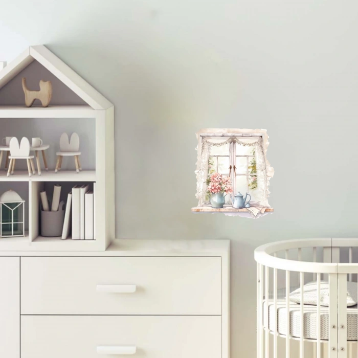 Pembe Çiçekli Vazolar ve Perde Detaylı Pencere Duvar Stickerı