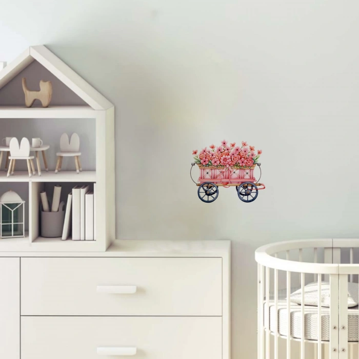 Pembe Çiçekli ve Mavi Tekerlekli El Arabası Duvar Stickerı