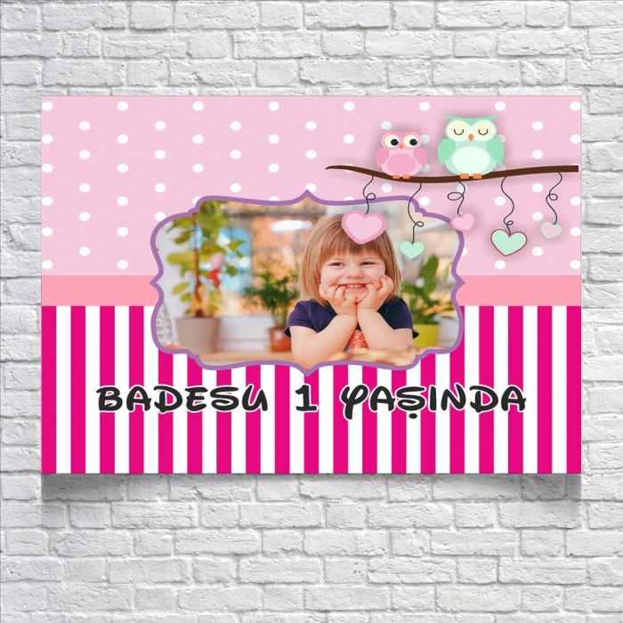 Pembe Çizgili Baykuşlu Doğum Günü Afişi 50X70 cm