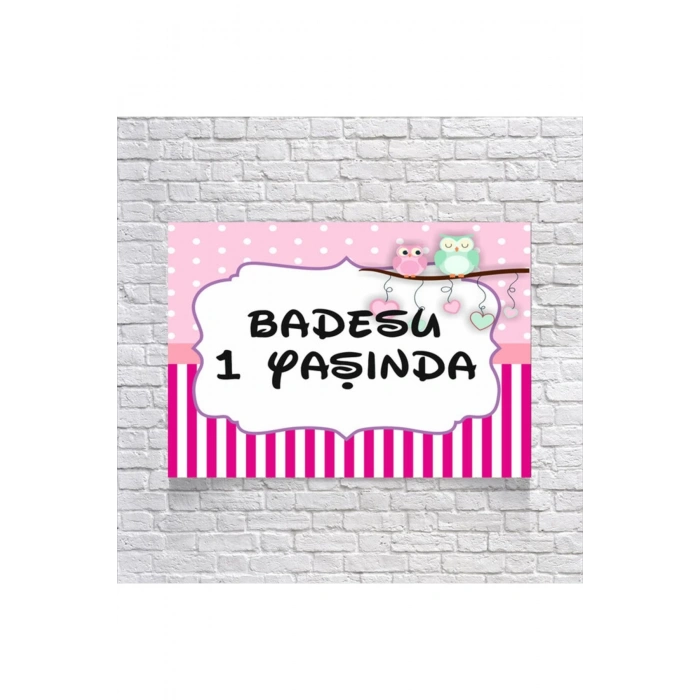 Pembe Çizgili Baykuşlu Doğum Günü Afişi 70X100 cm