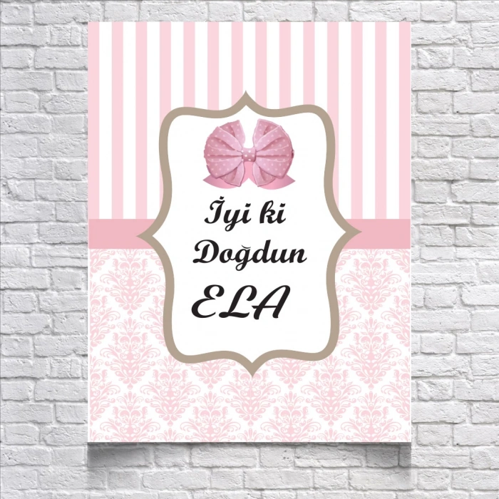 Pembe Çizğili Damask Desenli Doğum Günü Afişi 100X150 cm