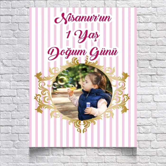 Pembe Çizgili Doğum Günü Afişi 70X100 cm