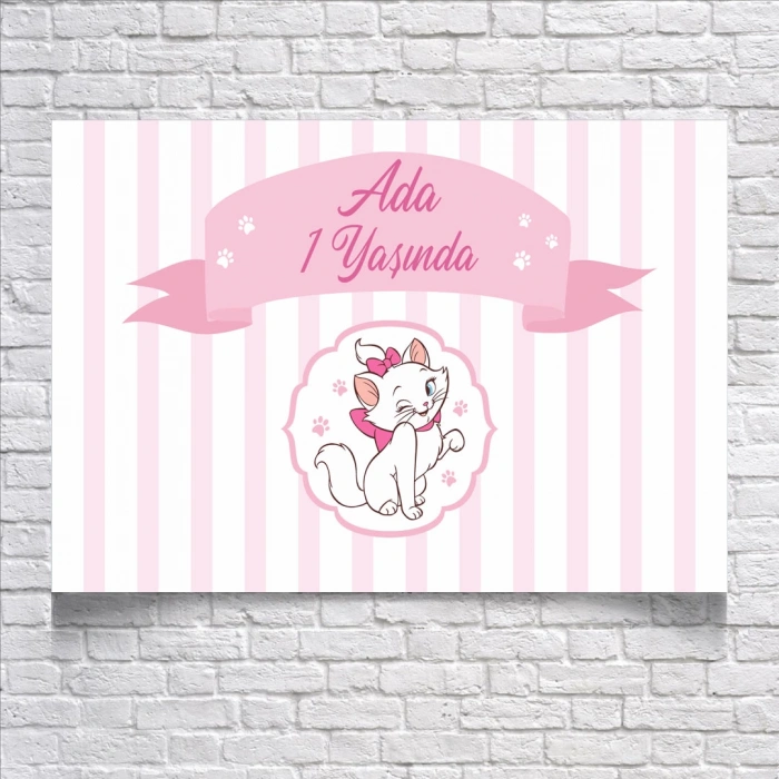 Pembe Çizgili Kedili Doğum Günü Afişi 70X100 cm