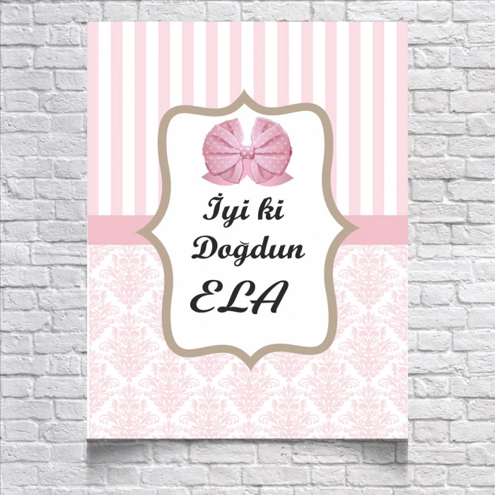 Pembe Çizgili ve Damask Desenli Doğum Günü Afişi 100X150 cm