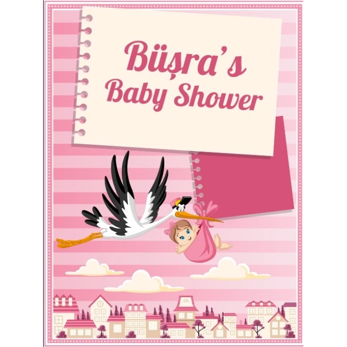 Pembe Çzigli Leylek Temalı Baby Shower Afişi 100x150 Cm