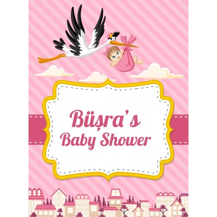 Pembe Çzigli Leylek Temalı Baby Shower Afişi 50x70 Cm