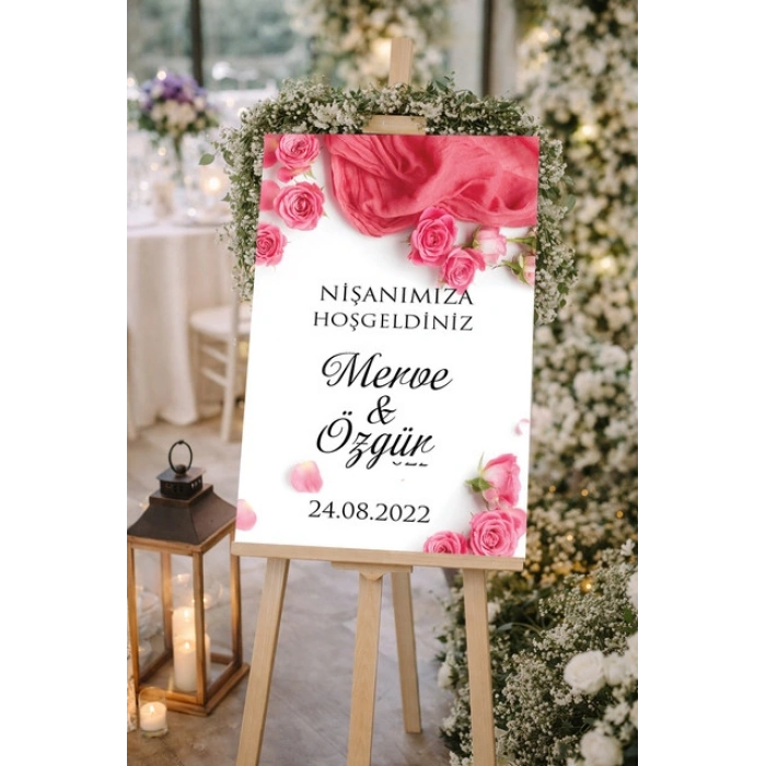 Pembe Güllü Düğün, Nişan ve Söz Karşılama Panosu – 50x70 cm