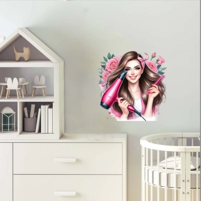 Pembe Fiyonklu Kuaför Kız Duvar Stickerı