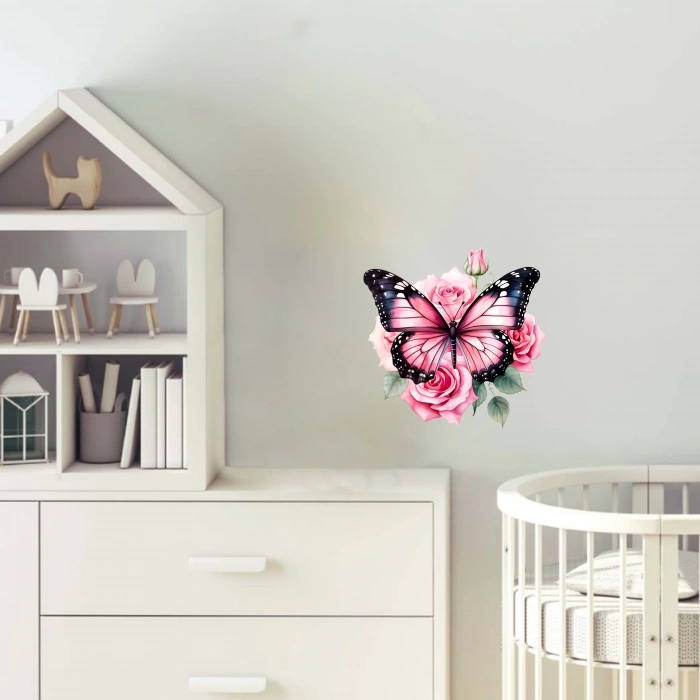 Pembe Güller ve Kelebek Duvar Stickerı