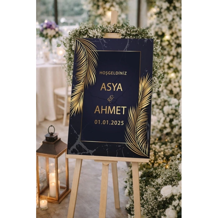 Siyah Gold Çiçekli Düğün, Nişan ve Söz Karşılama Panosu – 50x70 cm
