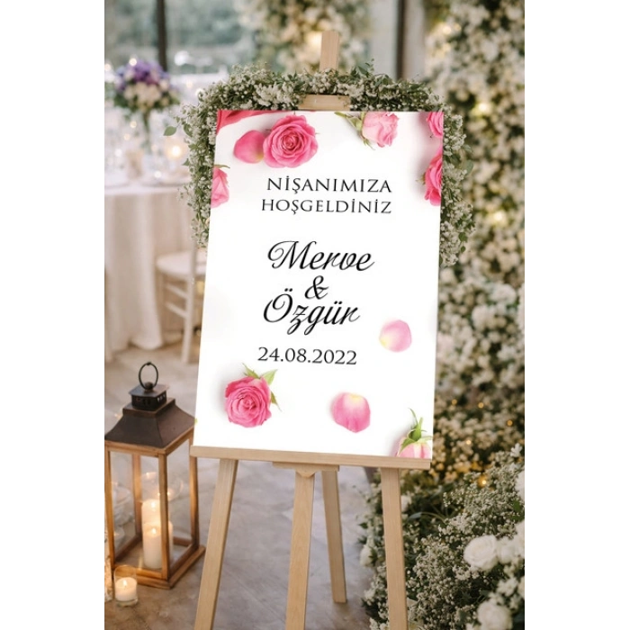 Pembe Güllü Düğün, Nişan ve Söz Karşılama Panosu – 50x70 cm