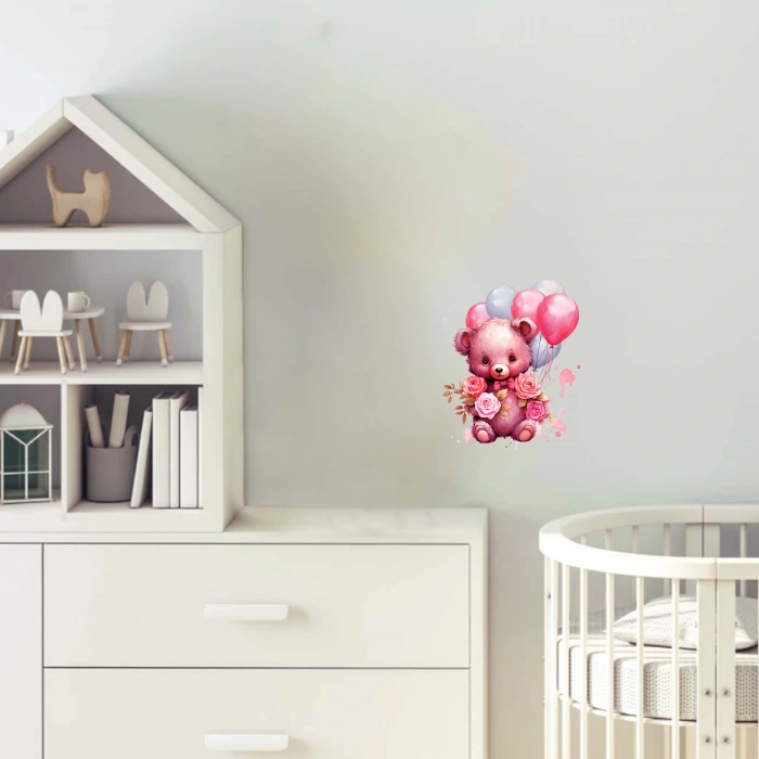 Pembe Güllü ve Balonlu Kız Ayıcık Duvar Stickerı