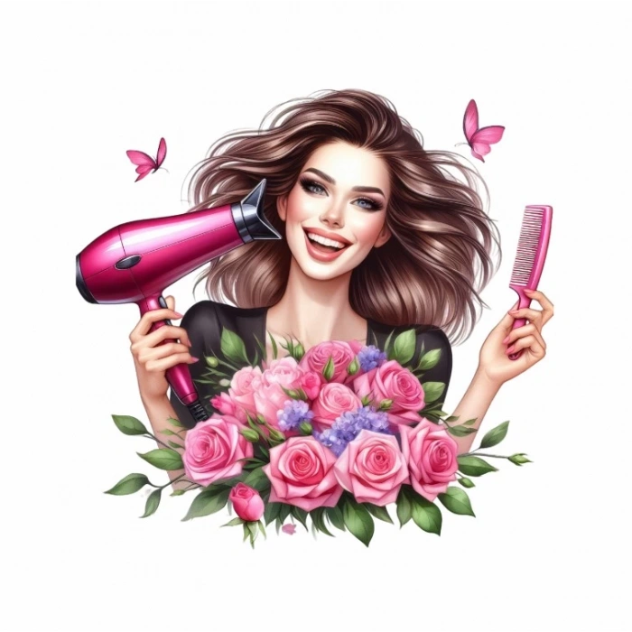 Pembe Güllü ve Kelebekli Kuaför Kız Duvar Stickerı