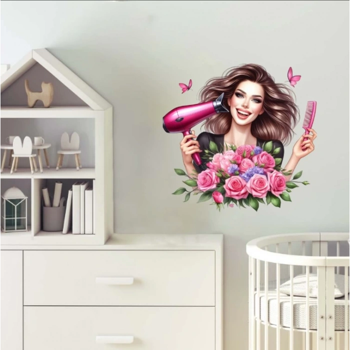 Pembe Güllü ve Kelebekli Kuaför Kız Duvar Stickerı