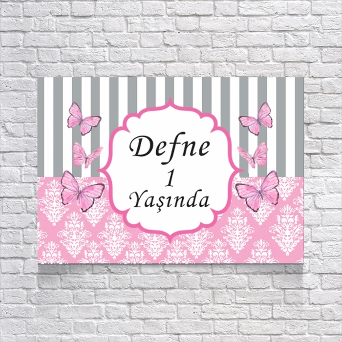 Pembe Kelebek Temalı Doğum Günü Afişi 100X150 cm