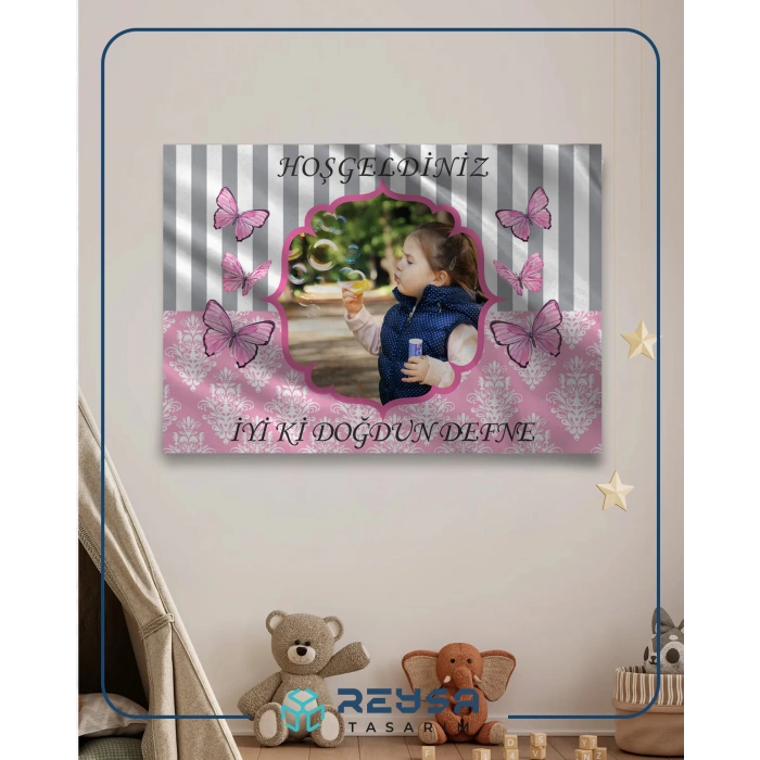 Pembe Kelebek Temalı Doğum Günü Afişi 100X150 cm