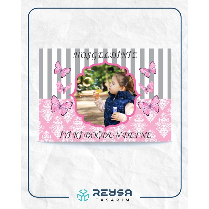 Pembe Kelebek Temalı Doğum Günü Afişi 100X150 cm
