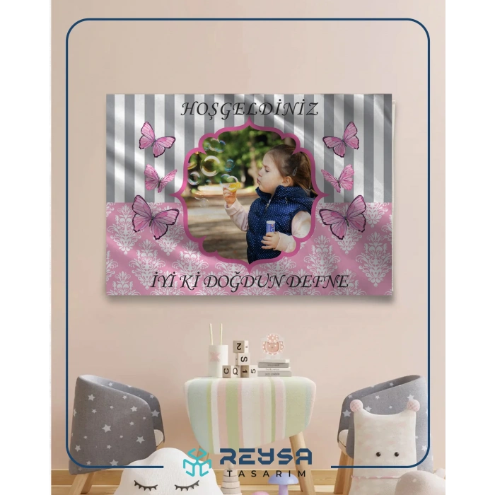 Pembe Kelebek Temalı Doğum Günü Afişi 35X50 cm