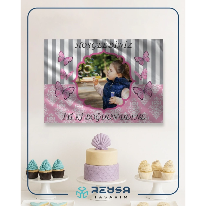 Pembe Kelebek Temalı Doğum Günü Afişi 50X70 cm