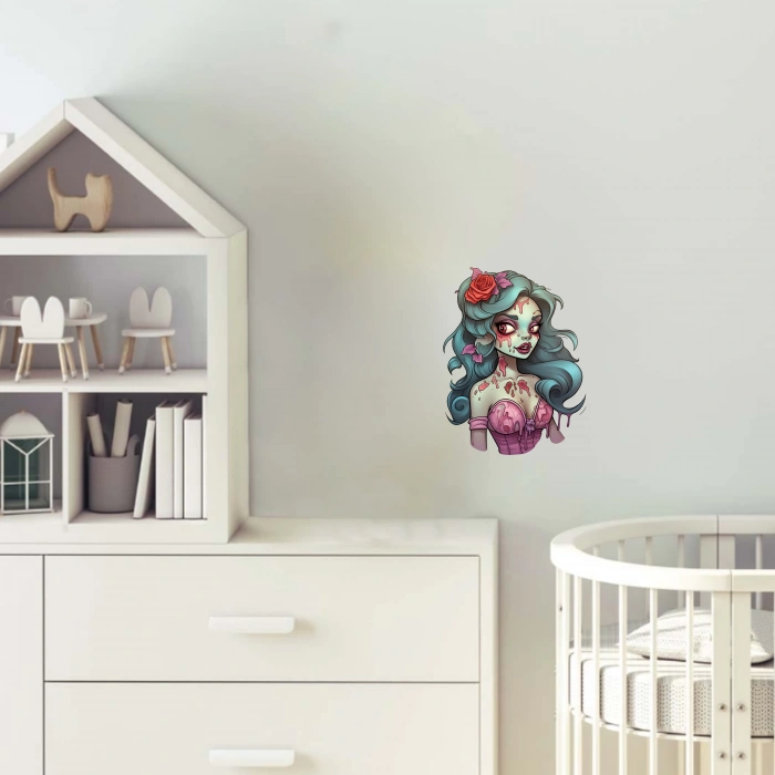Pembe Korseli Mavi Saçlı Zombi Kız Duvar Stickerı