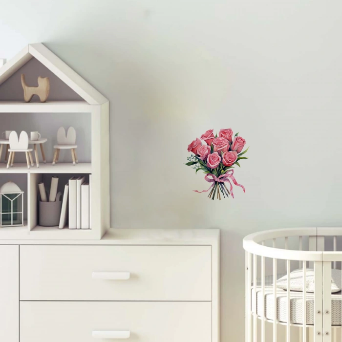 Pembe Kurdeleli Gül Buketi Duvar Stickerı