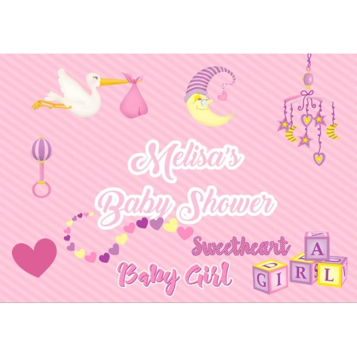 Pembe Leylek ve Oyuncak Temalı Baby Shower Afişi 35x50 Cm