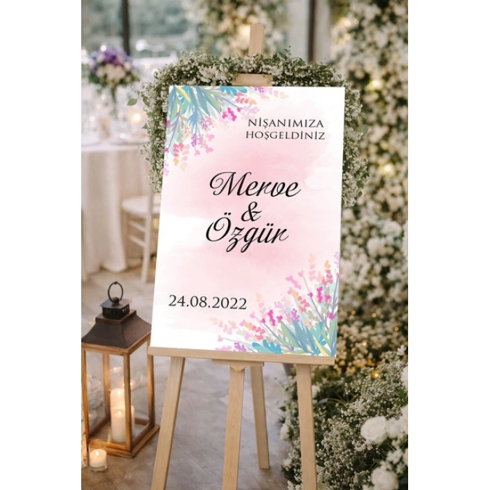 Pembe Çiçekli Düğün, Nişan ve Söz Karşılama Panosu – 50x70 cm