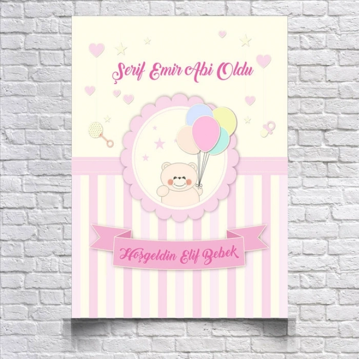 Pembe Sevimli Ayıcık Temalı Baby Shower Afişi 35x50 Cm