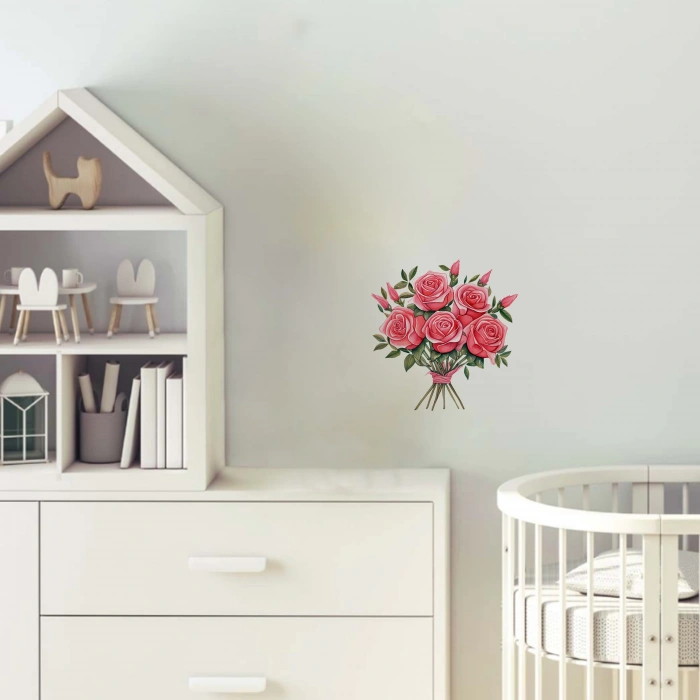 Pembe Tomurcuklu Gül Buketi Duvar Stickerı