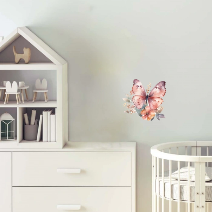 Pembe Tonlu Kelebek ve Çiçekler Duvar Stickerı