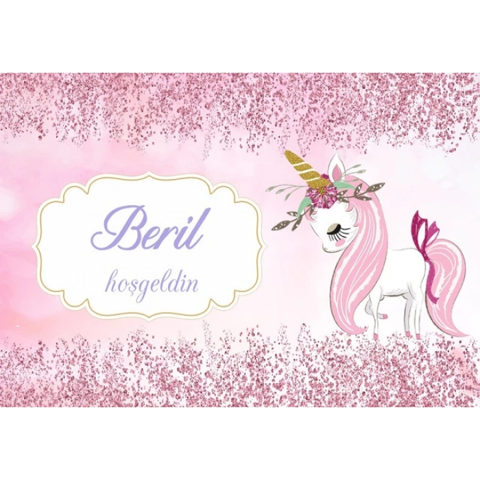 Pembe Unicorn Temalı Baby Shower Afişi 50x70 Cm