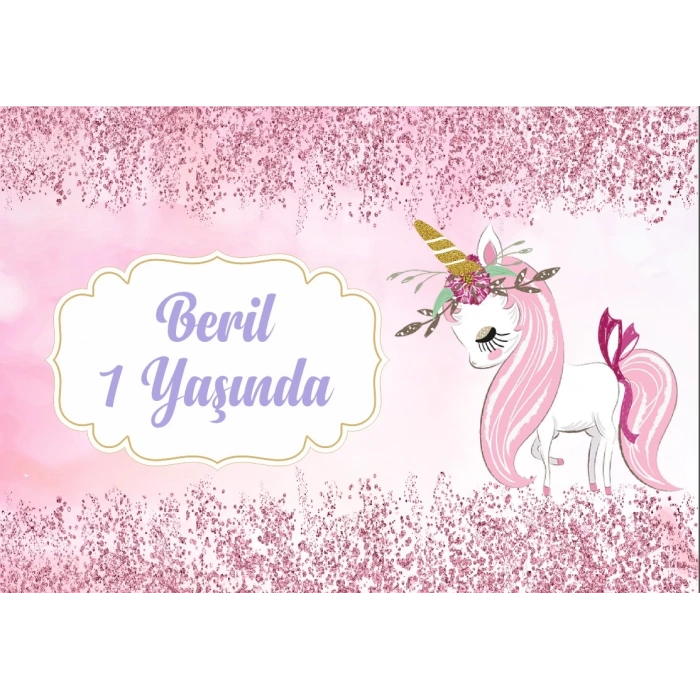 Pembe Unicorn Temalı Doğum Günü Afişi 100X150 cm